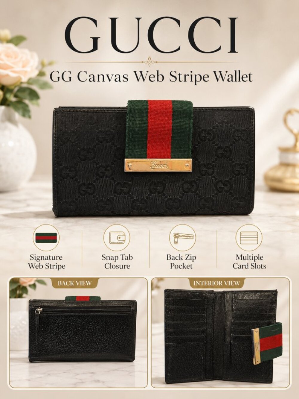 Gucci GG Canvas Web Stripe Black Continental Wallet